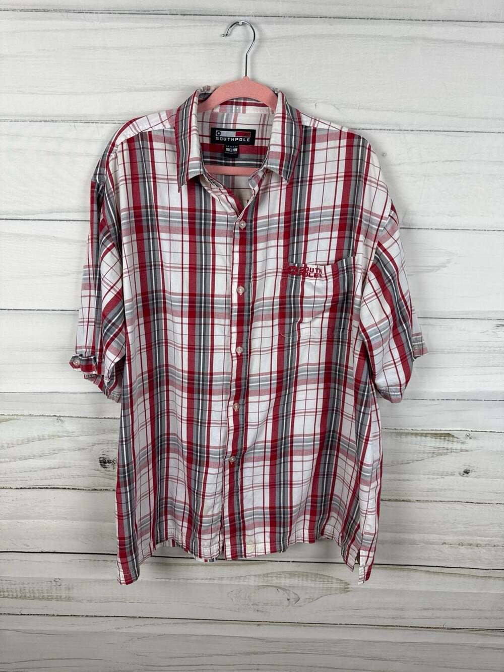 Southpole Plaid Short Sleeve Button Down Shirt Red White Grey vintage A-12